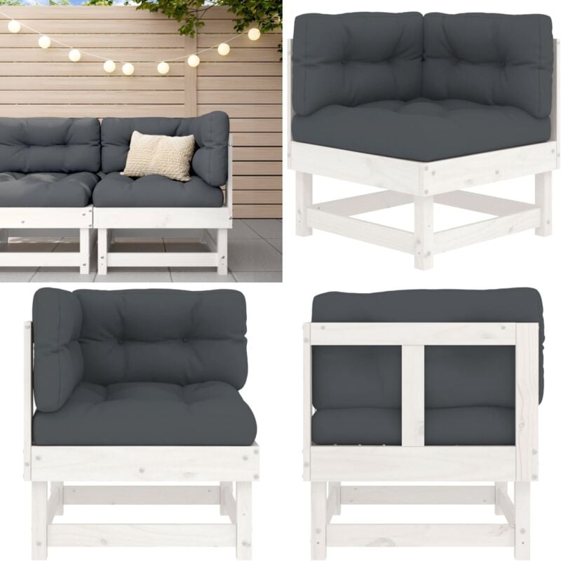 Canapé d'angle avec coussins blanc bois de pin solide - Canapé D'angle - Mobilier De Jardin - Canapé Extérieur - Jardin - Terrasse - Home & Living