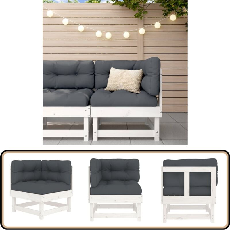 Canapé d'angle avec coussins blanc bois de pin solide - Canapé D'angle - Mobilier De Jardin - Canapé Extérieur - Jardin - Terrasse