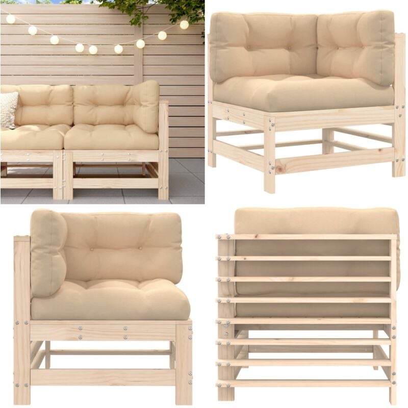 Canapé d'angle avec coussins bois de pin solide - Canapé D'angle - Mobilier De Jardin - Canapé Extérieur - Jardin - Terrasse - Home & Living