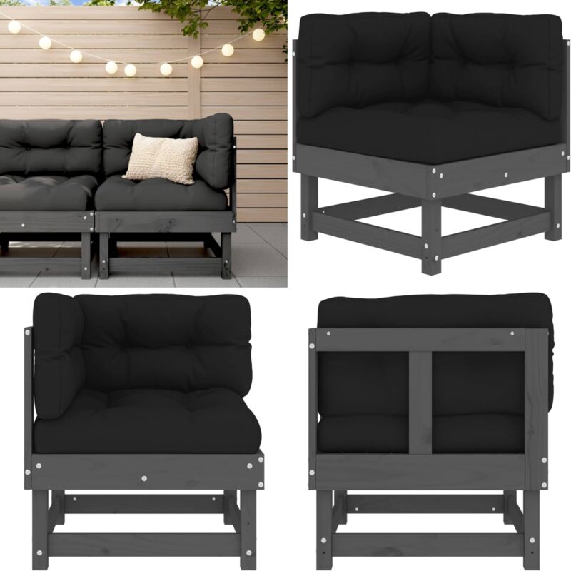 Canapé d'angle avec coussins gris bois de pin solide - Canapé D'angle - Mobilier De Jardin - Canapé Extérieur - Jardin - Terrasse - Home & Living