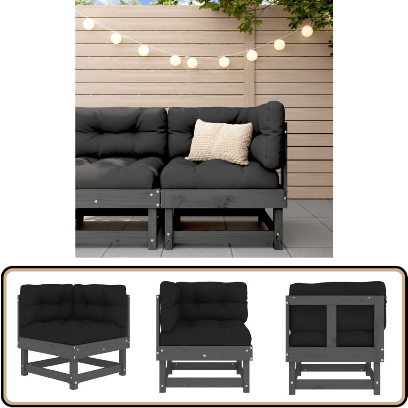 Canapé d'angle avec coussins gris bois de pin solide - Canapé D'angle - Mobilier De Jardin - Canapé Extérieur - Jardin - Terrasse