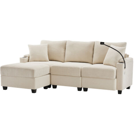 Canapé d'angle, canapé 3 places avec repose-pieds, porte-gobelet, port USB, support de téléphone, rangement et 2 coussins, en velours, beige