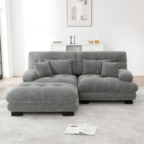 Canapé d'angle - Canapé romantique, Canapé d'angle nuage, Canapé de salon, avec 2 coussins lombaires, 2 coussins décoratifs et un repose-pieds, Gris chenille, 220 x 145 x 81 cm