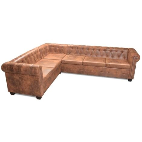 Canapé d'angle Chesterfield 6 Places Cuir artificiel Marron