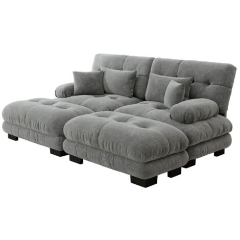 Canapé d'Angle Cloud 2 Places Tissu Chenille Grise Capitonné Larges Accoudoirs Avec 2 Poufs Confort Spacieux et Élégant pour Salon Intérieur Moderne