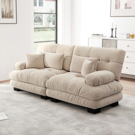 Canapé d'angle Cloud, chenille, avec 2 coussins lombaires et 2 coussins décoratifs, structure en bois massif- Beige