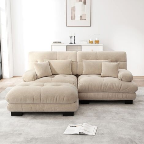 Canapé d'angle Cloud-Chenille claire avec 2 coussins lombaires-2 coussins décoratifs-large ottomane-220x145x81cm
