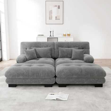Canapé d'angle Cloud-Chenille grise-Rembourré-Accoudoirs larges-2 coussins+Avec 2 ottomans-220x 145x81cm