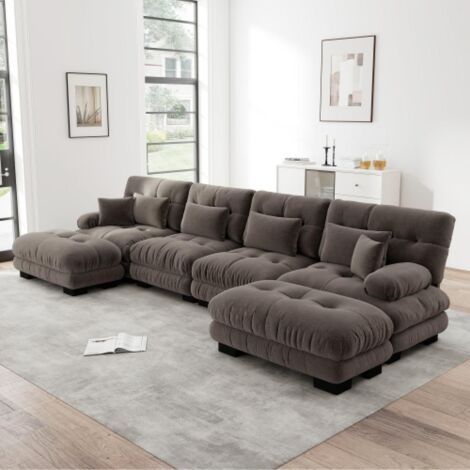 Canapé d’angle Cloud pour salon, canapé double en chenille avec 4 coussins lombaires et 4 coussins décoratifs, cadre en bois massif