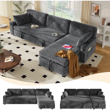 JANZDIYS Canapé d’angle convertible 3 places en chenille gris avec fonction couchage, canapé-Lit en L avec coffre de rangement, 2 poches latérales, ports USB et Type-C, plateau porte-gobelet