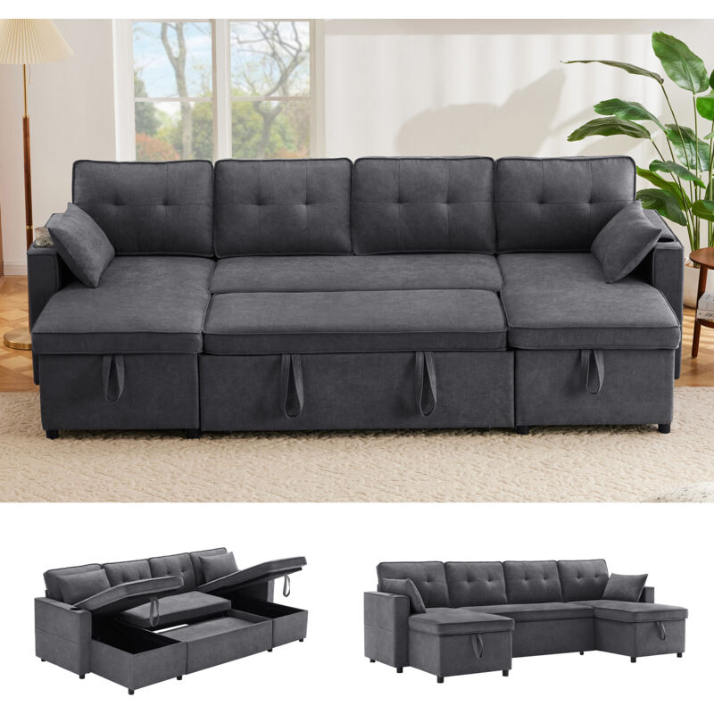 Canapé d'angle convertible 4 places avec 2 coussins et 2 porte-gobelets, canapé de salon avec espace de rangement, lin, gris