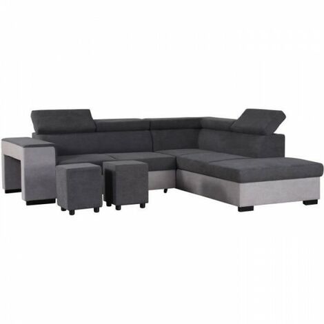 Canapé d'angle convertible 5 places avec coffre – Tissu microfibre gris clair – Dimensions L 271 x P 220 x H 77 cm – Appui-têtes réglables