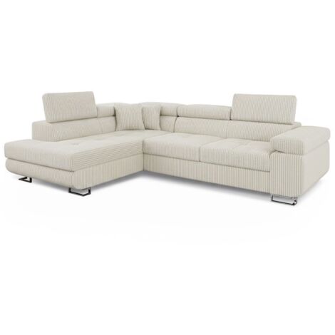 Canapé d'angle convertible Antoni avec têtières relevables angle à gauche Velours côtelé Beige