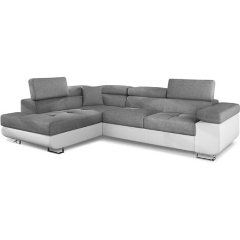 COTECOSY Canapé d'angle convertible Antoni avec têtières relevables angle gauche simili Blanc et tissus Gris clair