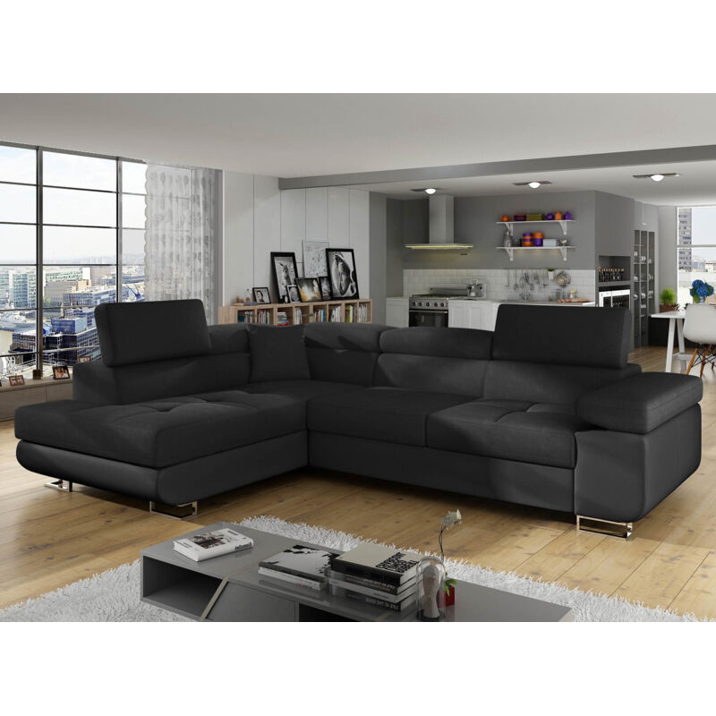 Cotecosy - Canapé d'angle gauche convertible simili noir Marka 275cm