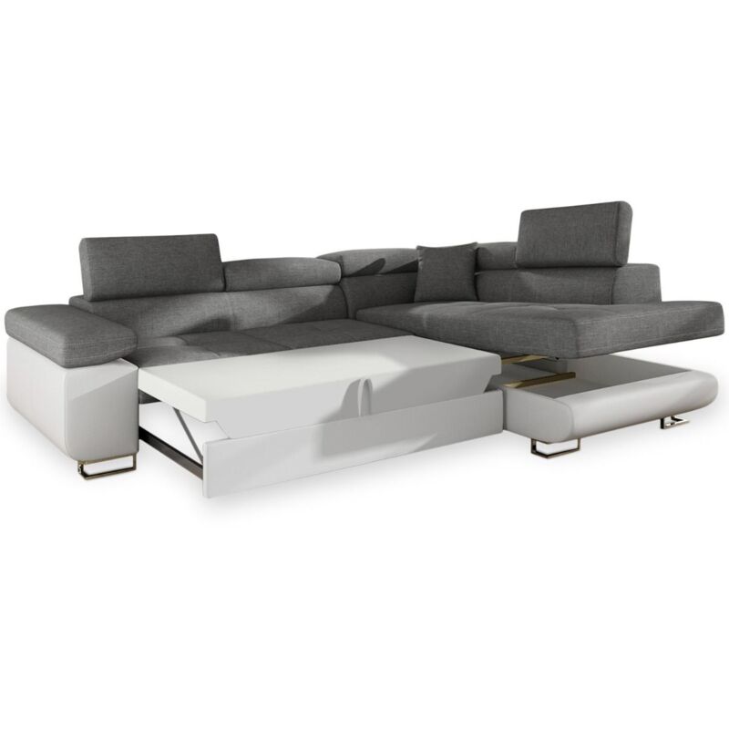 Cotecosy - Canapé d'angle droit convertible tissu gris et simili blanc Ane 275 cm