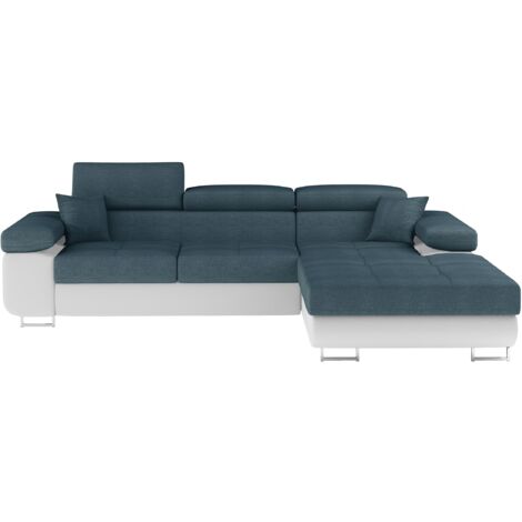 Canapé d'angle convertible appuis-tête réglables KALIZO - Coffre et pieds acier chromé angle droit-Blanc/Bleu-angle droit