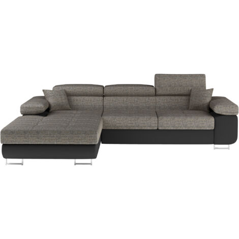 Canapé d'angle convertible appuis-tête réglables KALIZO - Coffre et pieds acier chromé angle gauche-Noir/Gris chiné-angle gauche
