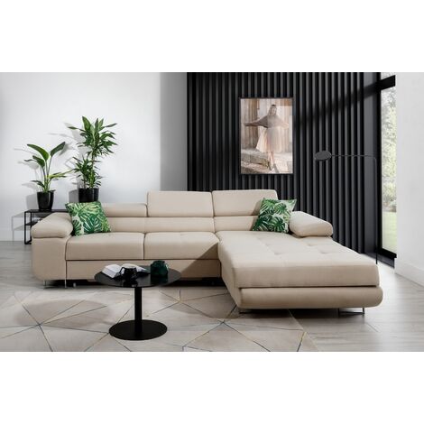 Canapé d'angle convertible ARMEL en tissu luxe 5 places, beige, avec coffre, angle droit (vu de face)