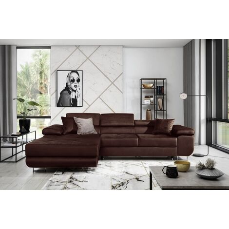 Canapé d'angle convertible ARMEL en tissu luxe 5 places, couleur chocolat, avec coffre, angle gauche (vu de face)