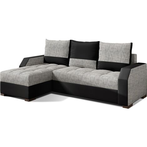 Canapé d'angle convertible - ARTE - en tissu et simili de qualité, gris et noir, 3/4 places, angle gauche (vu de face)