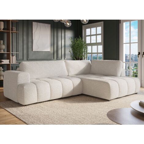 Canapé d'angle convertible avec coffre en tissu bouclette écru