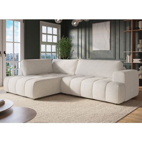 Canapé d'angle convertible avec coffre en tissu bouclette écru
