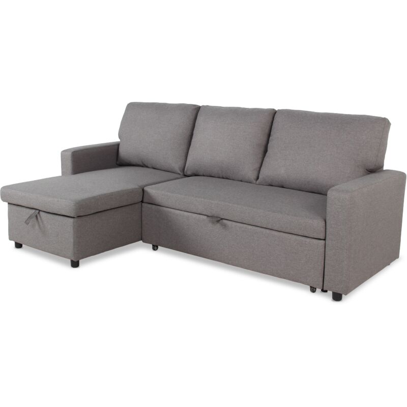 Cotecosy – Canapé d'angle convertible 5 places – Tissu gris clair – Espace de rangement sous la méridienne – Dimensions L215 x P133 x H83 cm