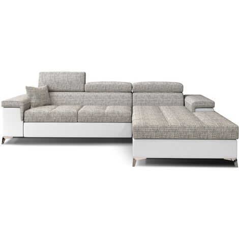 Canapé d'angle convertible Bi matière appuis-tête réglables RIKARO - Coffre et pieds acier chromé-Blanc/Gris chiné-angle droit
