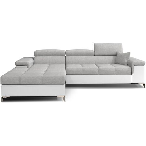 Canapé d'angle convertible Bi matière appuis-tête réglables RIKARO - Coffre et pieds acier chromé-Blanc/Gris clair-angle gauche