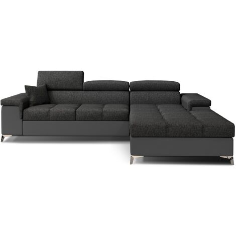 Canapé d'angle convertible Bi matière appuis-tête réglables RIKARO - Coffre et pieds acier chromé-Gris/Gris foncé-angle droit