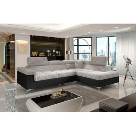Canapé d'angle convertible Bi matière MARIDO - Coffre et appuis-tête réglables angle droit-Noir/Gris chiné-angle droit