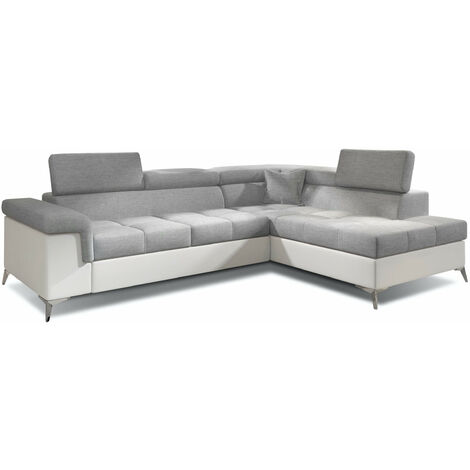 Canapé d'angle convertible Bi matière MARIDO - Coffre et appuis-tête réglables-Blanc/Gris clair-angle droit