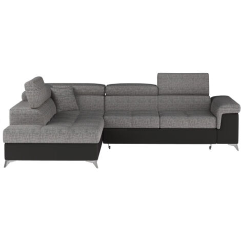 Canapé d'angle convertible Bi matière MARIDO - Coffre et appuis-tête réglables-Noir/Gris chiné-angle gauche