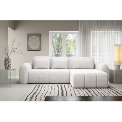 Canapé d’angle convertible CIANTI – canapé lit 304 cm avec coffre de rangement en tissu bouclette Blanc cassé