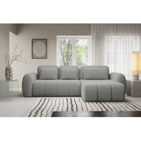 Canapé d’angle convertible CIANTI – canapé lit 304 cm avec coffre de rangement en tissu bouclette Gris Clair