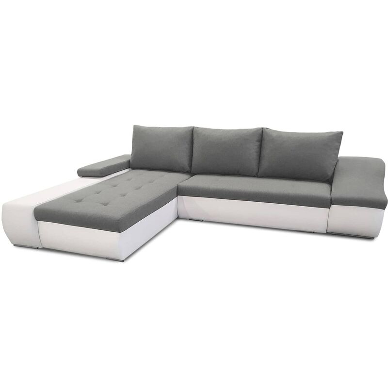 Canapé d'angle convertible coffre de rangement en tissu gris et simili blanc VOLGA - Angle Gauche
