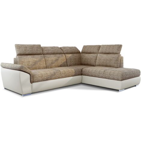 Canapé d'angle convertible en bi-matière KEPITA - Appuis-tête réglables et rangement-Beige clair/Beige chiné-angle droit