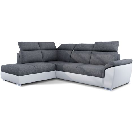 Canapé d'angle convertible en bi-matière KEPITA - Appuis-tête réglables et rangement-Blanc/Gris foncé-angle gauche