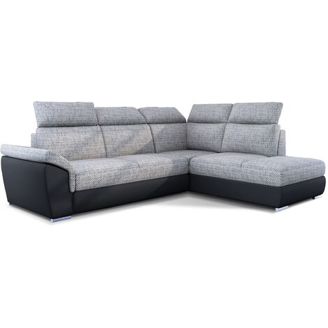 Canapé d'angle convertible en bi-matière KEPITA - Appuis-tête réglables et rangement-Noir/Gris chiné-angle droit