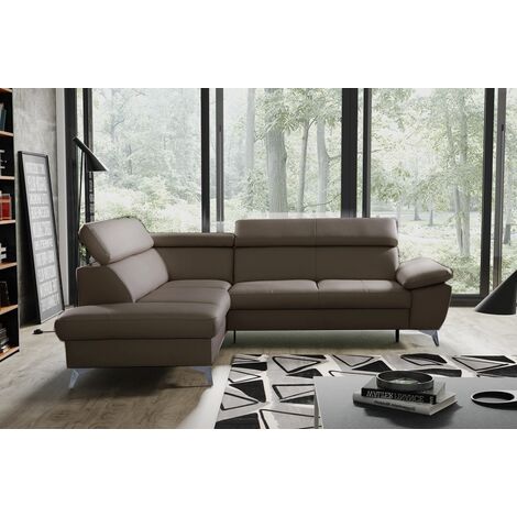 Canapé d'angle convertible en cuir italien de luxe 5/6 places WARREN II, avec coffre, taupe, angle gauche