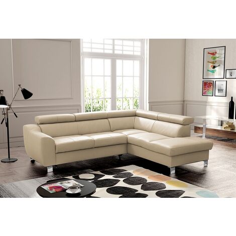 Canapé d'angle convertible en cuir italien de luxe 5 places ASTRID, beige, angle droit
