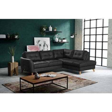 Canapé d'angle convertible en cuir italien de luxe 5 places NORIA avec coffre, noir, angle droit