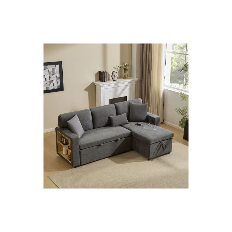 Canapé d'angle convertible en L extensible, canapé gris avec port USB, étagère et 3 coussins, 215x133x85 cm