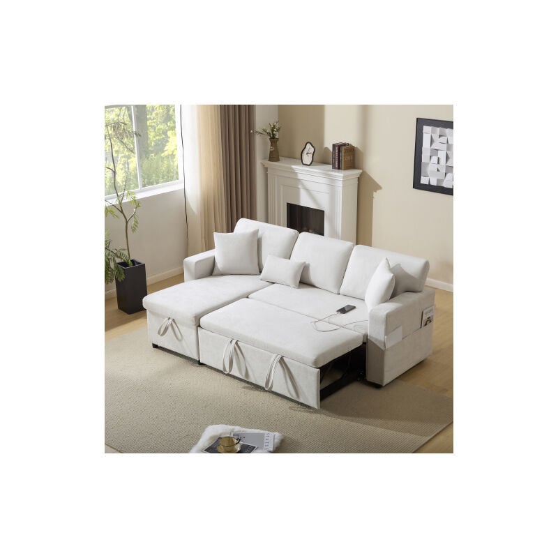 Okwish - Canapé d'angle convertible en l extensible, canapé blanc avec port usb, étagère et 3 coussins, 215x133x85 cm