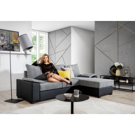 Canapé d'angle convertible, en tissu gris et simili noir, angle droit (vu de face) - LUCAS