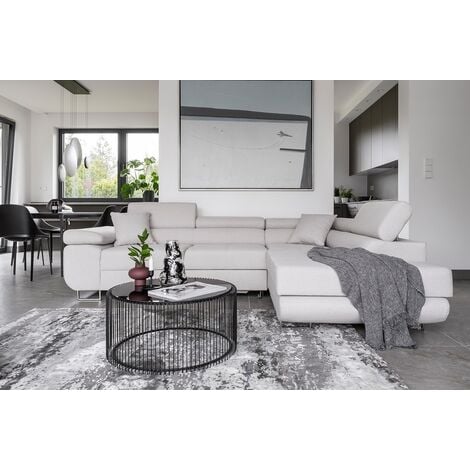Canapé d'angle convertible en tissu luxe 5 places, ANNECY, couleur ivoire, angle droit (vu de face) - Ivoire