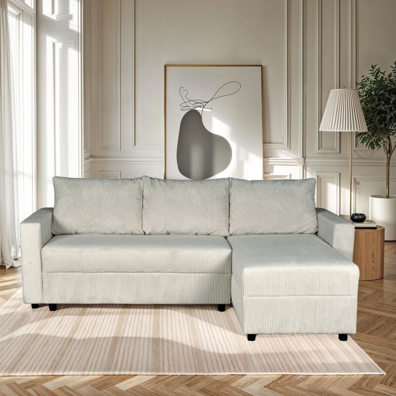Le Quai Des Affaires - Canapé d'angle convertible et réversible avec coffre theo en velours côtelé / Gris clair/ L230xH88xP145 cm