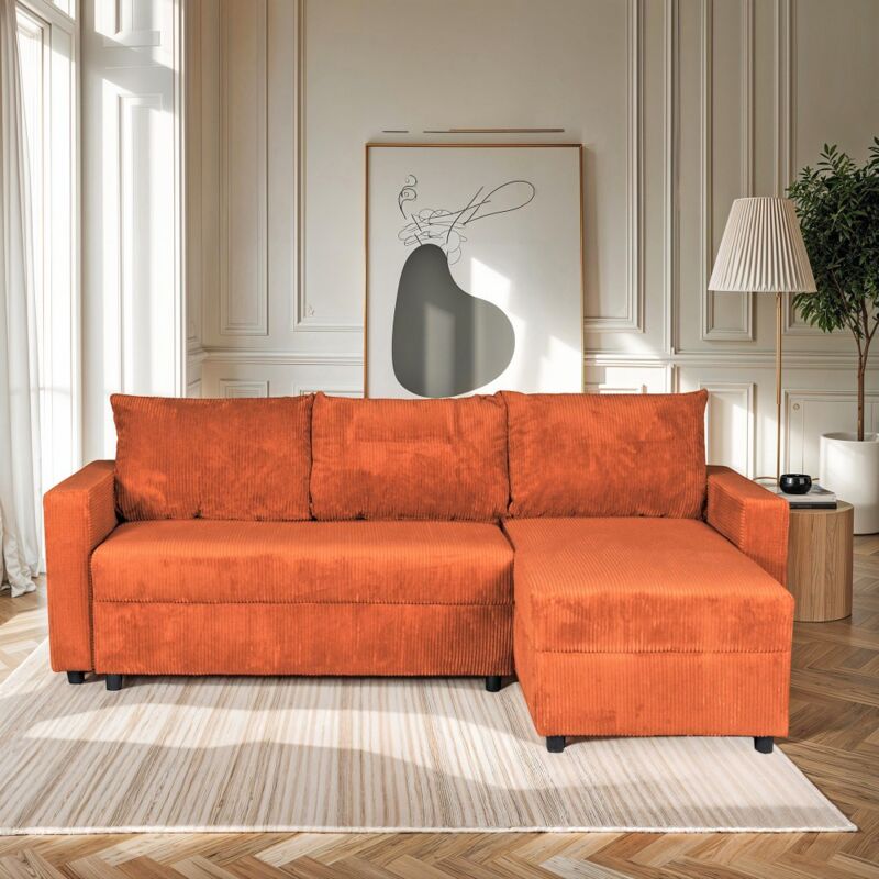 Canapé d'angle convertible et réversible avec coffre THEO en velours côtelé / Terracotta/ L230xH88xP145 cm