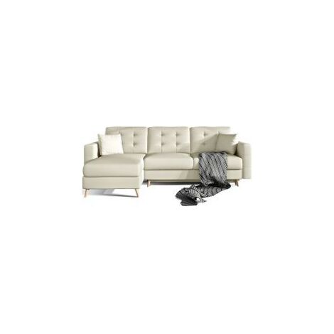 Canapé d'angle convertible et réversible simili cuir Anska - Pieds bois naturel-Blanc cassé